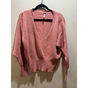 Free People Ribbed V-Neck Cotton Blend Sweater Dusty Rose Pink Medium Cropped